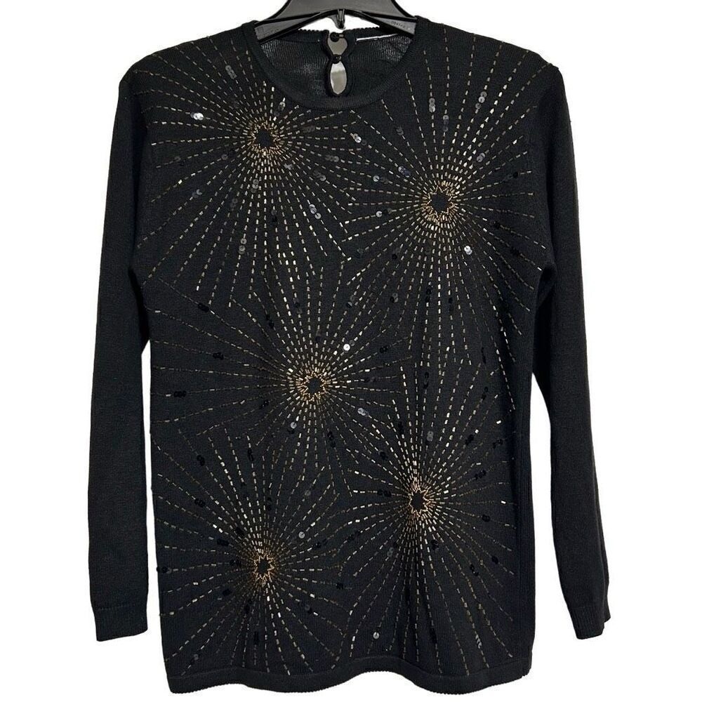 Starburst Pullover Sweater Women's Medium Black Beaded Sequin Embellished